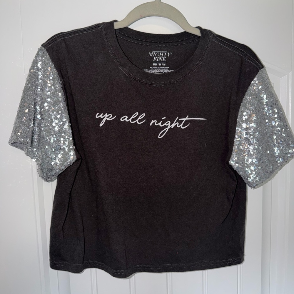 Mighty Fine Black Top with Sparkling Silver Sleeves